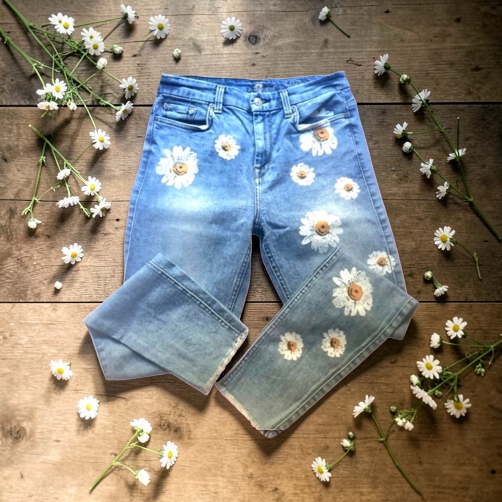 7 For All Mankind Womens High Waist Ankle Skinny Jeans Distressed Daisies Sz 26